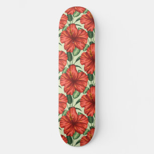 Tropical floral seamless pattern red flowers skateboard