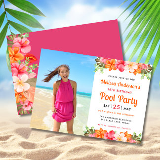 Tropical Floral Swimming Pool Party Birthday Pink Kaart