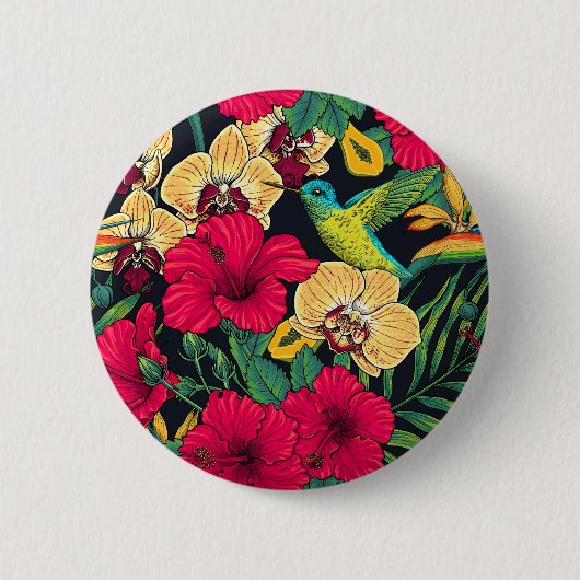 Tropical Florals and Hummingbird - Summer Botanica Ronde Button 5,7 Cm (Voorkant)