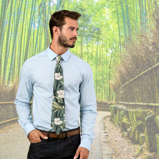 Tropical Flower Chinoiserie Asian Dusty Teal Print Stropdas