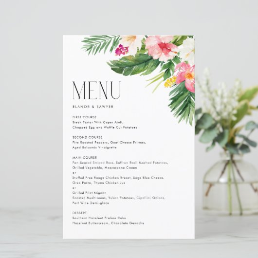 Tropical Flowers and Greenery Summer Menu Kaart (Staand voorkant)