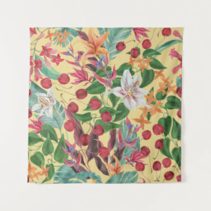Tropical Flowers Cherry: Waterverf Naadloze Patte Wandkleed