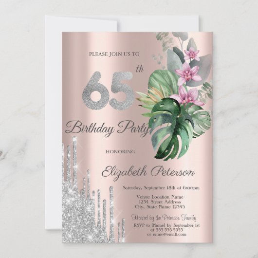 Tropical Flowers Drips Roos Gold 65th Kaart (Voorkant)