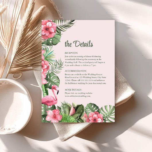 Tropical Flowers en Flamingo Wedding Details Kaart