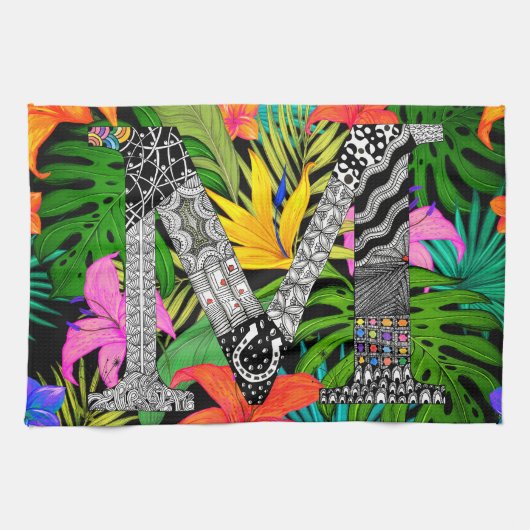 Tropical Flowers Monogram M Kitchen Towel Theedoek (Horizontaal)