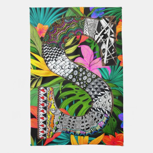 Tropical Flowers Monogram S Kitchen Towel Theedoek (Verticaal)
