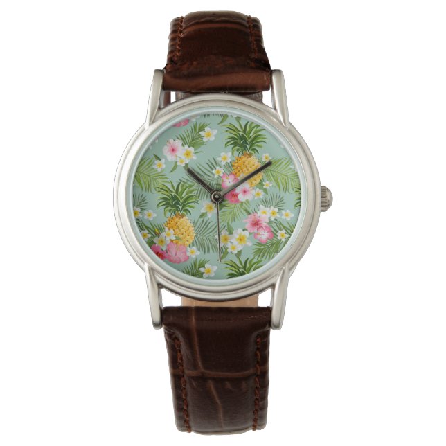 Tropical Flowers & Pineapples Horloge (Voorkant)