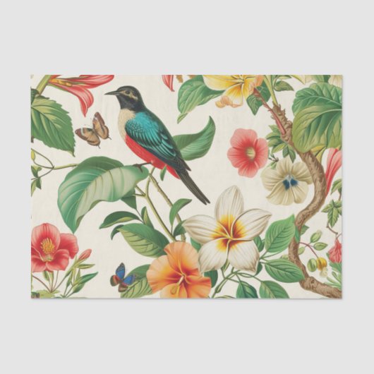 Tropical Flowers with Beautiful Red & Teal Bird Tissuepapier (Voorkant)