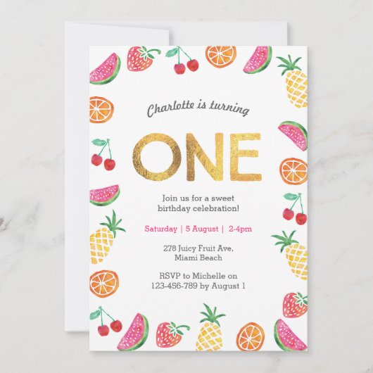 Tropical fruité Or rose Invitation Anniversaire (Devant)