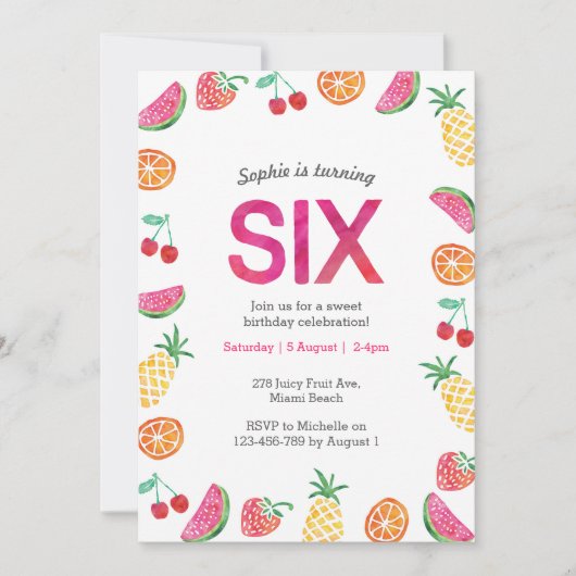 Tropical fruité rose 6e anniversaire Invitation (Devant)