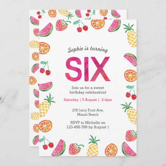 Tropical fruité rose 6e anniversaire Invitation (Devant / Derrière)