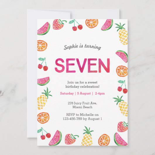 Tropical fruité rose 7e anniversaire Invitation (Devant)