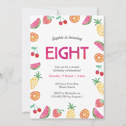 Tropical fruité rose 8e anniversaire Invitation (Devant)
