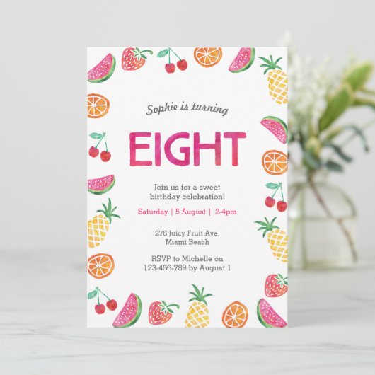 Tropical fruité rose 8e anniversaire Invitation (Debout devant)