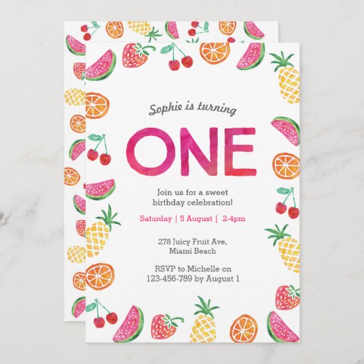 Tropical fruité rose Invitation d'anniversaire (Devant / Derrière)