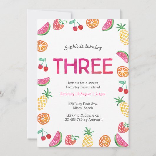 Tropical fruité rose Invitation d'anniversaire (Devant)