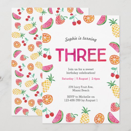 Tropical fruité rose Invitation d'anniversaire (Devant / Derrière)