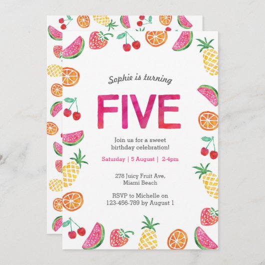 Tropical fruité rose Invitation d'anniversaire (Devant / Derrière)