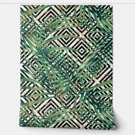 Tropical geometry - green leaves gold and shapes behang