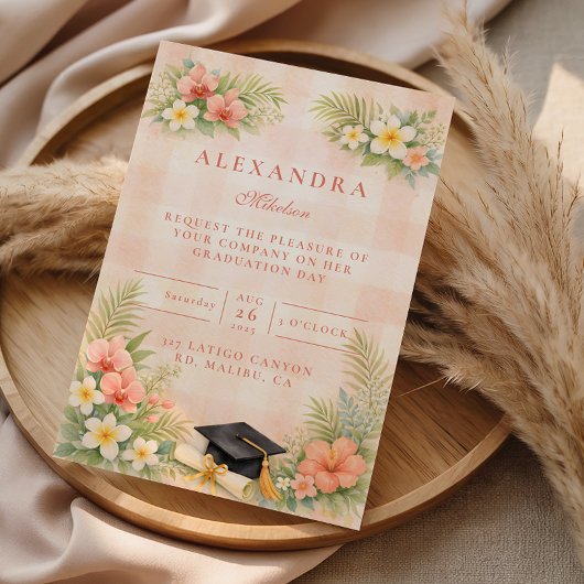 Tropical Gingham Floral Graduation Kaart