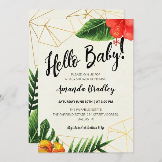 Tropical Gold Hello Baby shower Invitation (Devant / Derrière)