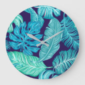 Tropical Green Blue Leaves Pattern Grote Klok (Voorkant)
