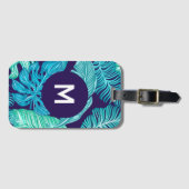 Tropical Green Blue Leaves Pattern Monogram Bagagelabel (Voorkant (horizontaal))