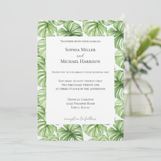Tropical Green Leaves Wedding Kaart (Staand voorkant)