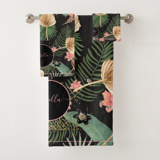 Tropical Green Palm Feuille Floral Monogramme Noir (En situation)