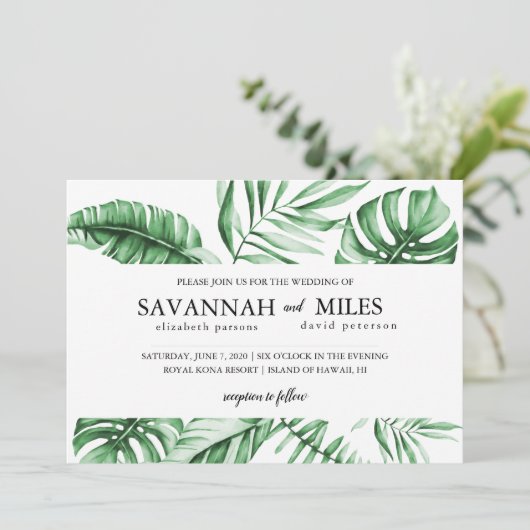 Tropical Green Palm Leaf Faire-part de mariage fro (Debout devant)