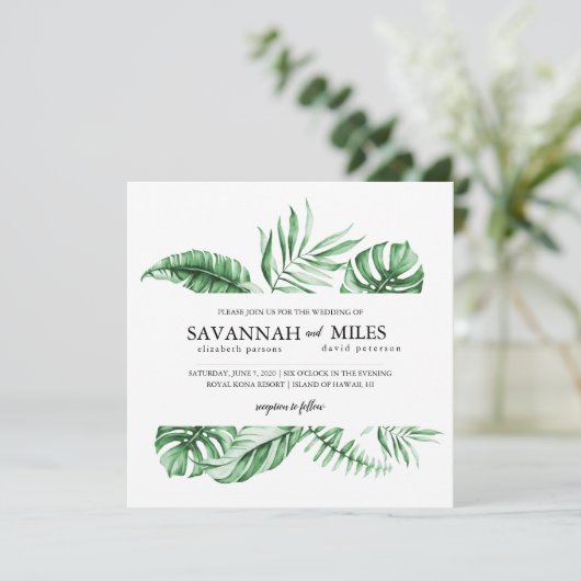Tropical Green Palm Leaf Faire-part de mariage fro (Debout devant)