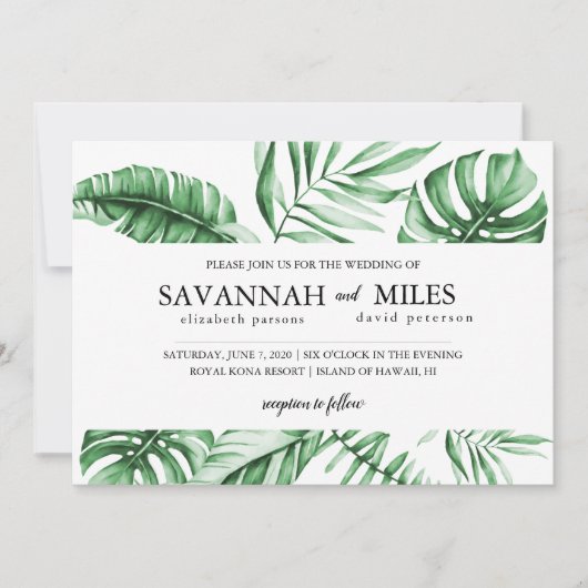 Tropical Green Palm Leaf Faire-part de mariage fro (Devant)