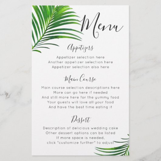 Tropical Green Palm Tree Feuille Reception Menu (Devant)