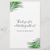Tropical Green Palm Tree Feuille Reception Menu (Dos)