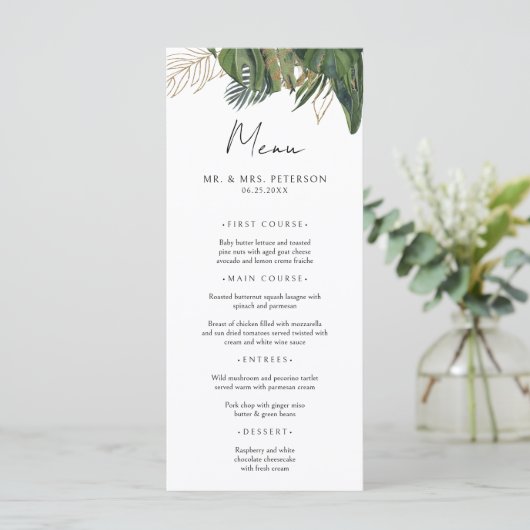 Tropical Greenery Botanical Summer Boho Wedding Menu (Staand voorkant)
