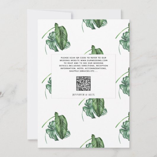 Tropical Greenery Waterverf QR Code Wedding Kaart (Achterkant)