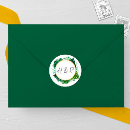 Tropical Greenery Wedding Monogram Ronde Sticker