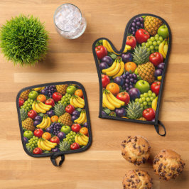 Tropical harvest, vibrant fruit pattern, oven mint ovenwant & pannenlap set