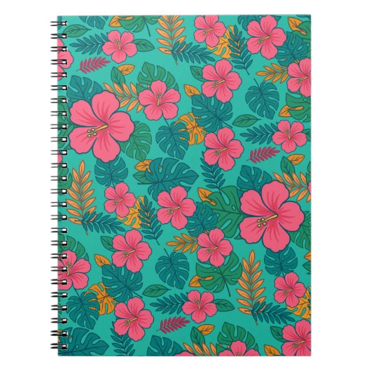 Tropical Hibiscus and Palm Leaf Pattern Notitieboek (Voorkant)
