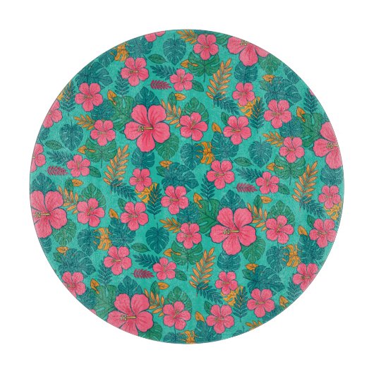 Tropical Hibiscus and Palm Leaf Pattern  Snijplank (Voorkant)