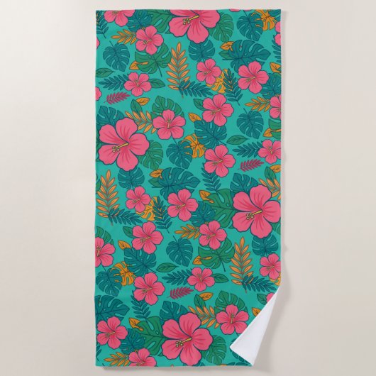 Tropical Hibiscus and Palm Leaf Pattern  Strandlaken (Voorkant)