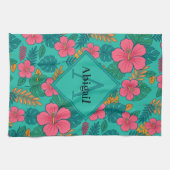 Tropical Hibiscus and Palm Leaf Pattern  Theedoek (Horizontaal)