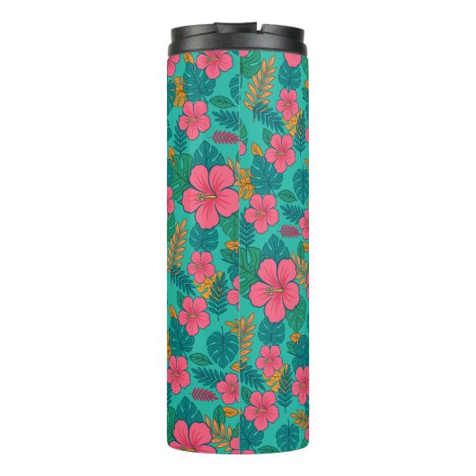 Tropical Hibiscus and Palm Leaf Pattern Thermosbeker (Achterkant)