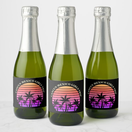 Tropical Island Beach Palm Trees Roze Zwart Mini Sparkling Wijnetiket (Flessen)