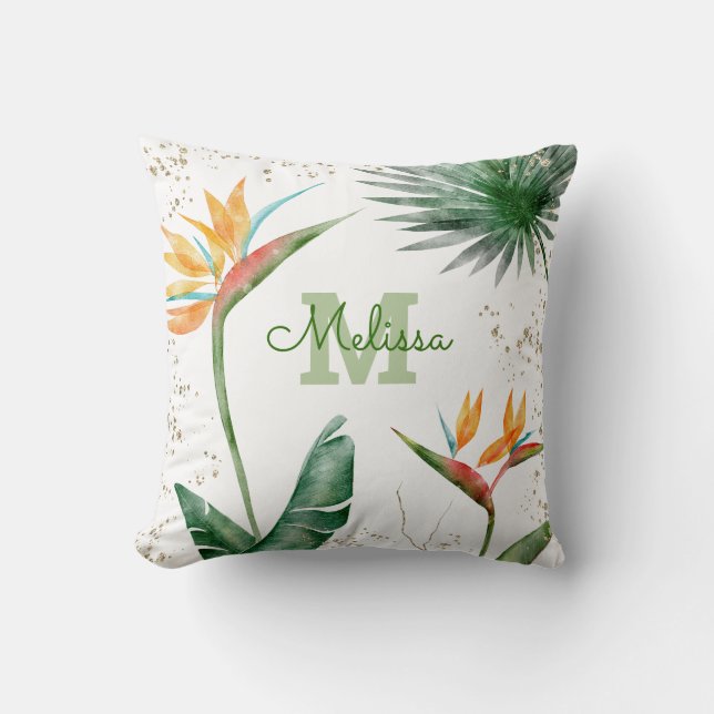 Tropical Island Floral Monogram Goud Wit Script Kussen (Voorkant)