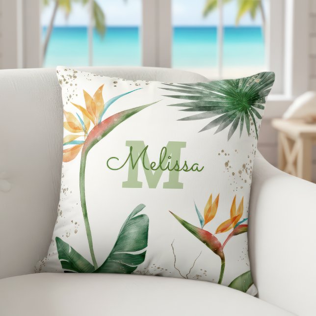 Tropical Island Floral Monogram Goud Wit Script Kussen (Creator heeft geüpload)
