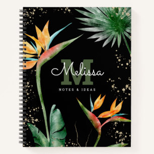 Tropical Island Floral Zwart Goud Monogram Script Notitieboek