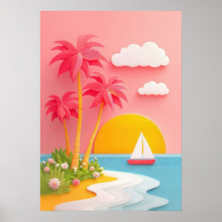 tropical island scene with palm trees, sailboat poster