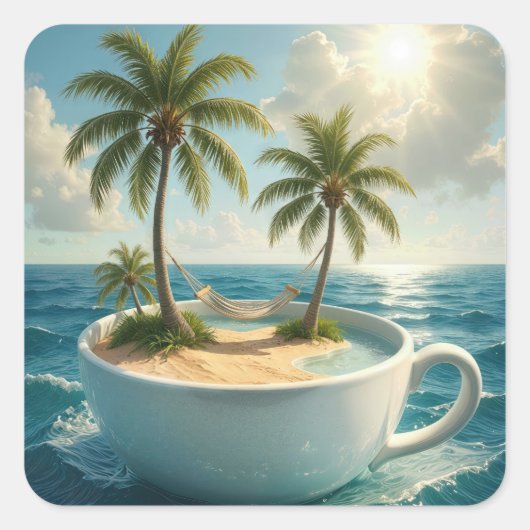 Tropical Island With Hammock in a Teacup Vierkante Sticker (Voorkant)