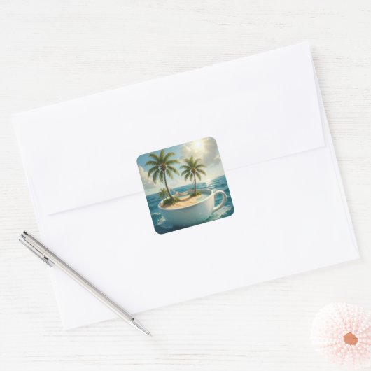 Tropical Island With Hammock in a Teacup Vierkante Sticker (Envelop)